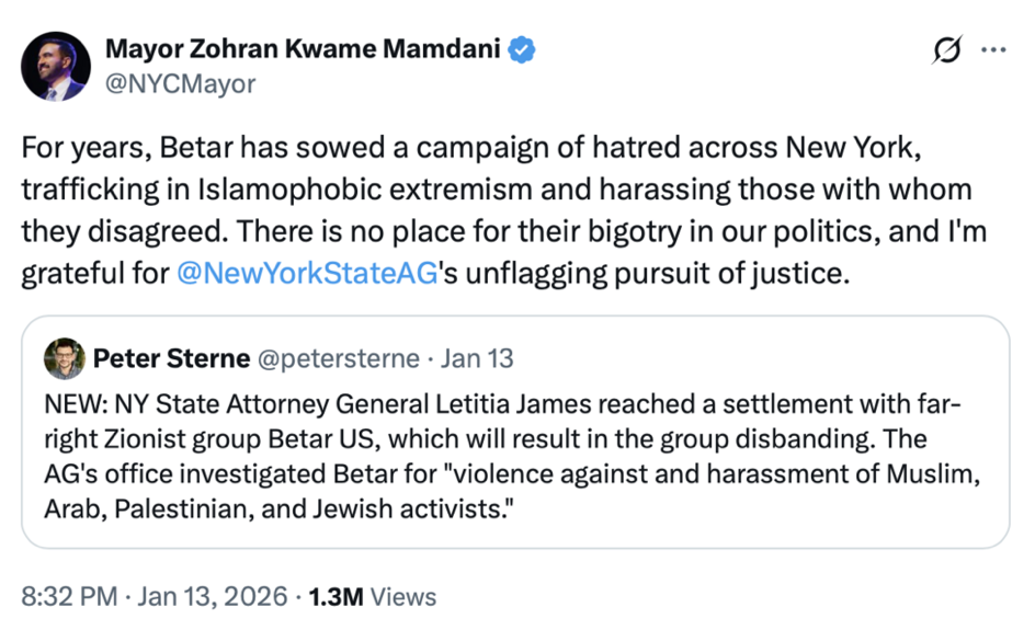 Mayor Mamdani social-media post concerning Betar
