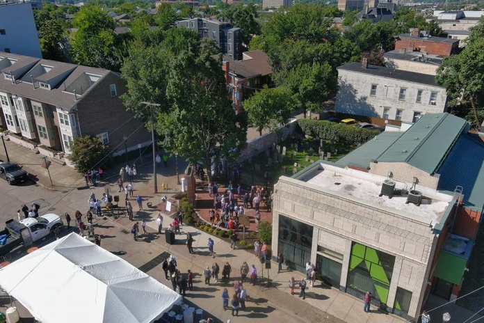 Aerial view of Chestnut Street Cemetery and the surrounding Cincinnati neighborhood