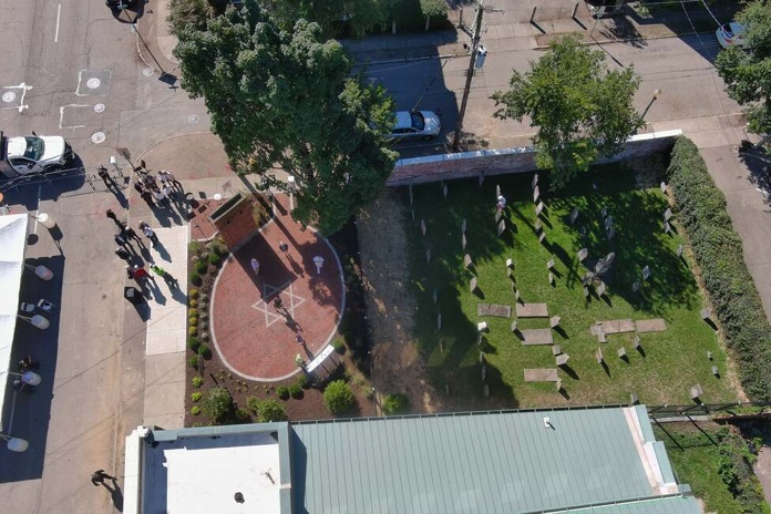 Aerial view of the Chestnut Street Cemetery area during the Cincinnati bicentennial period