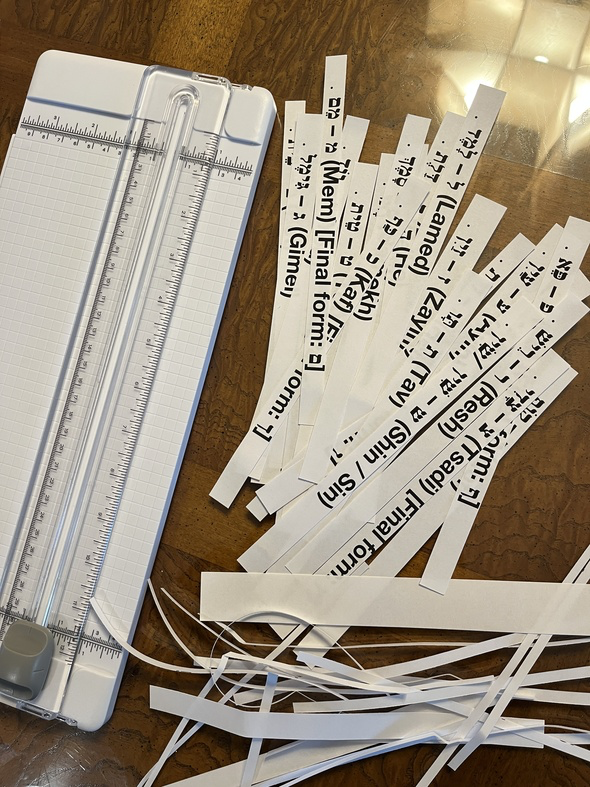Printed Hebrew acrophonic names cut into strips