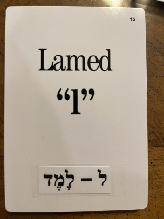 Completed Lamed flashcard with its Hebrew acrophonic name attached